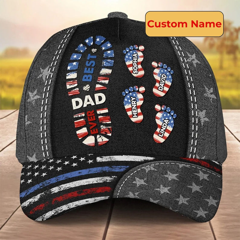 Personalized Name Best Dad Ever With Footprint Classic Cap, Custom Custom Classic Cap With Kids' Name For Dad Grandpa, Father's Day Cap