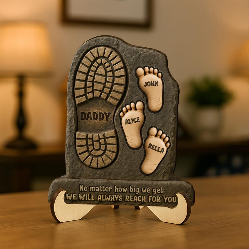 No Matter How Big We Get - Family Footprints Personalized 2-Layered Wooden Plaque With Stand, Father's Day Gift, Gift For Dad, Grandpa