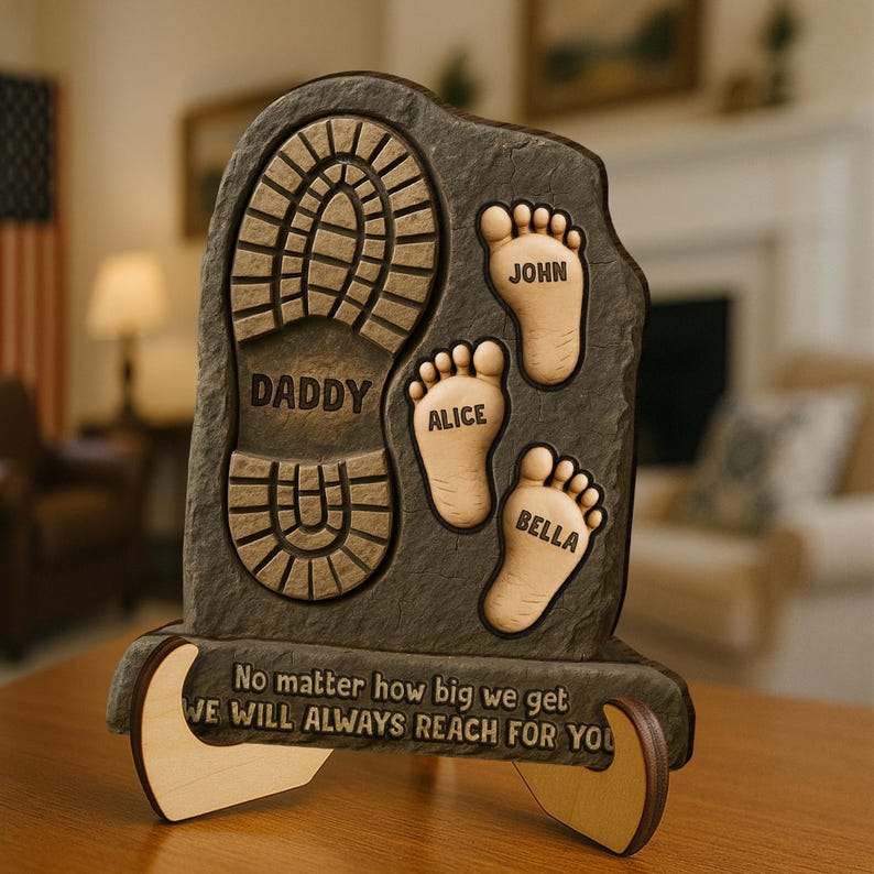 No Matter How Big We Get - Family Footprints Personalized 2-Layered Wooden Plaque With Stand, Father's Day Gift, Gift For Dad, Grandpa