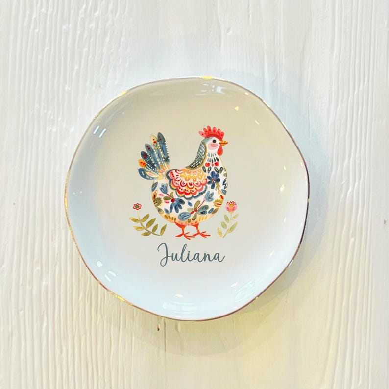 Personalized Watercolor Chicken Ring Dish: Boho Ceramic Trinket Holder