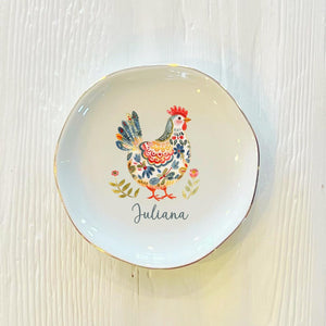 Personalized Watercolor Chicken Ring Dish: Boho Ceramic Trinket Holder