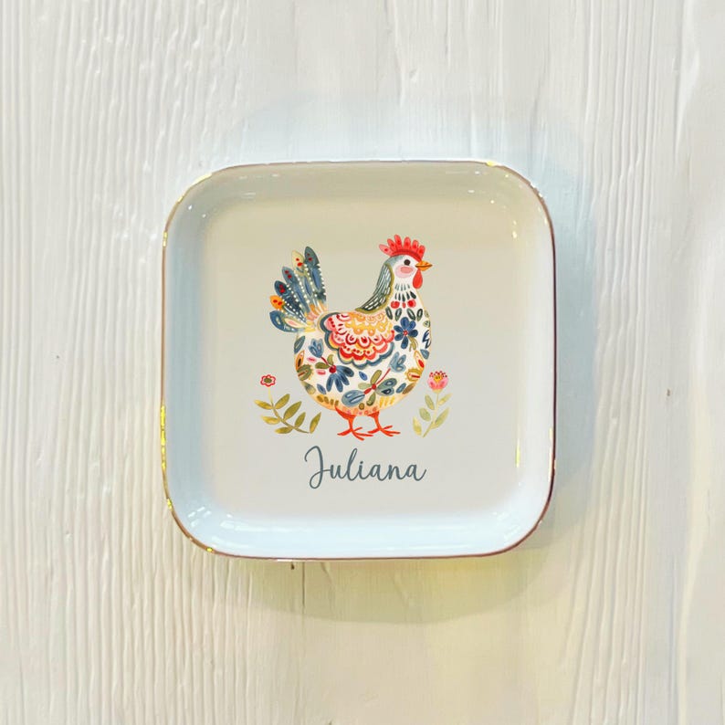 Personalized Watercolor Chicken Ring Dish: Boho Ceramic Trinket Holder