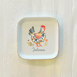 Personalized Watercolor Chicken Ring Dish: Boho Ceramic Trinket Holder