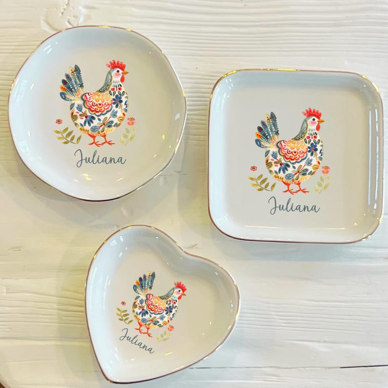 Personalized Watercolor Chicken Ring Dish: Boho Ceramic Trinket Holder