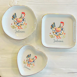 Personalized Watercolor Chicken Ring Dish: Boho Ceramic Trinket Holder
