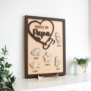 Hooked on Dad Sign, Personalized Wooden Fishing Decor, Father's Day Gift from Kids