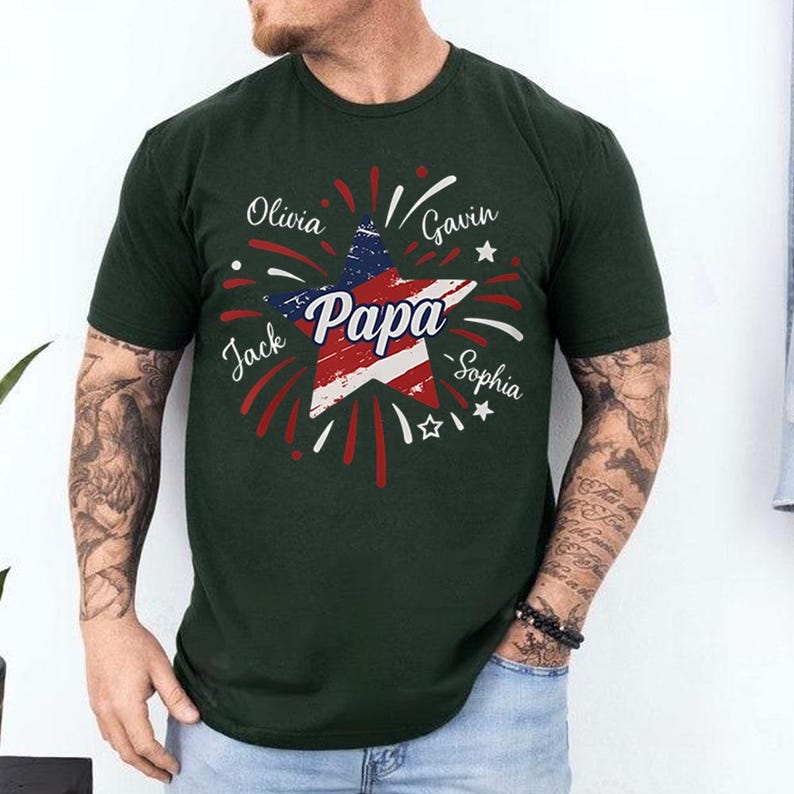 4th of July Papa Shirt, Custom Grandpa Shirt with Kids names shirt, Patriotic 4th of July Grandpa Firecrackers Shirt, Custom 4th of July Dad