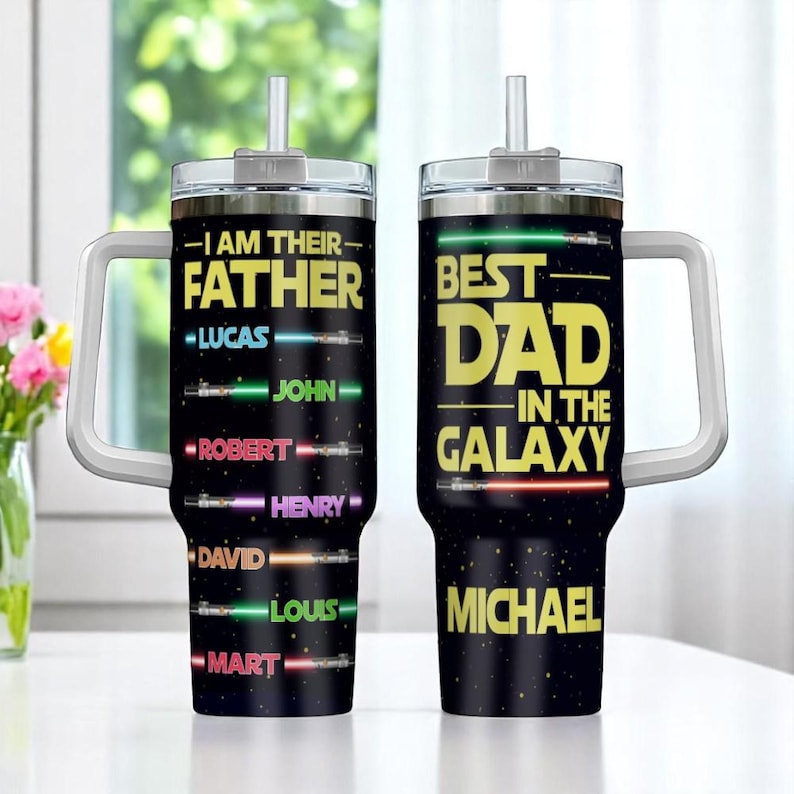 Personalized I Am their Father Tumbler, Custom Kid Names Lightsaber Mug, Father's Day Gift, Dadalorian Coffee Cup, Best Dad Tumbler