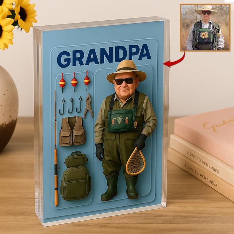 Custom Photo Grandpa Fishing Decor Acrylic Personalized Action Figure with Your Photo Unique Fathers Day Gift for Dad Grandpa Papa