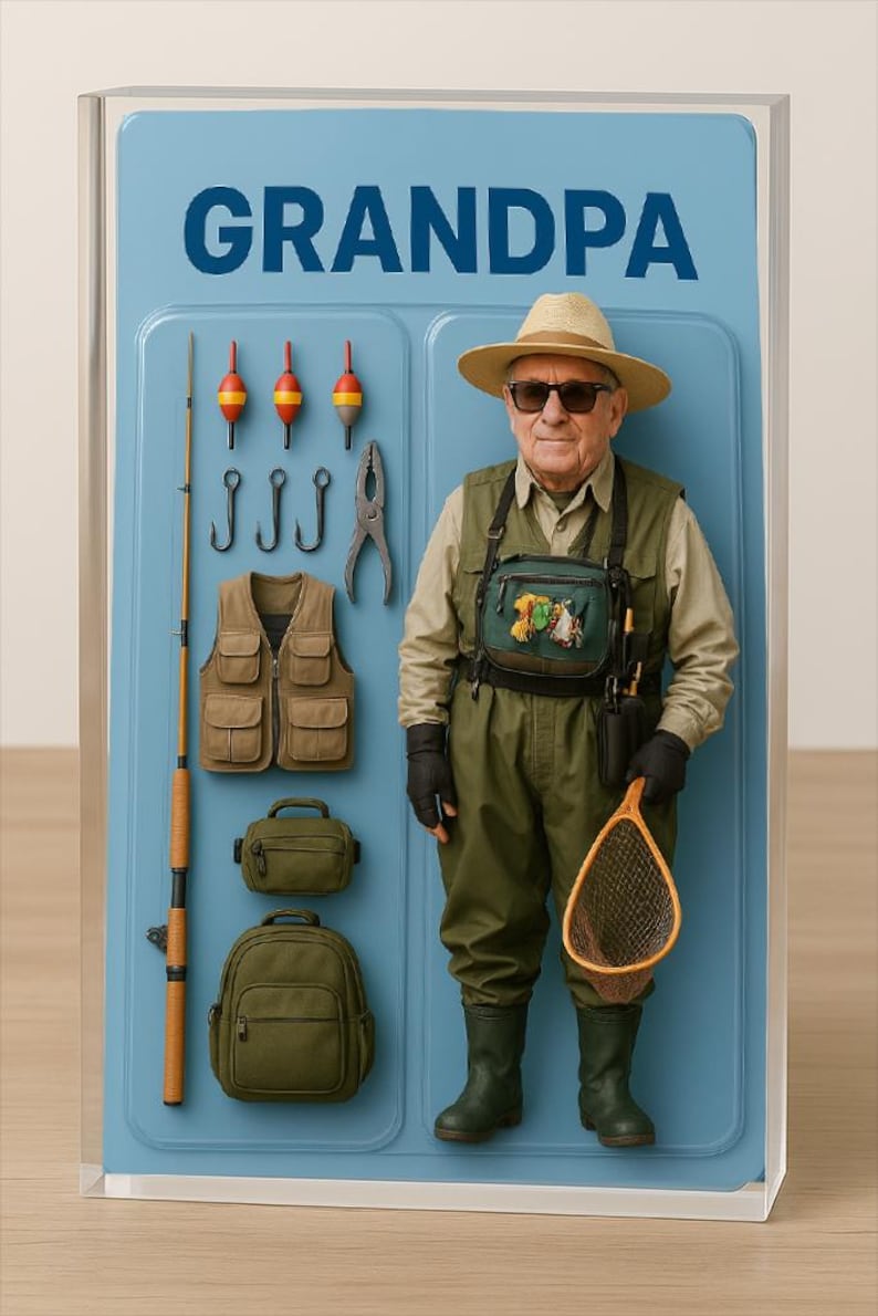 Custom Photo Grandpa Fishing Decor Acrylic Personalized Action Figure with Your Photo Unique Fathers Day Gift for Dad Grandpa Papa