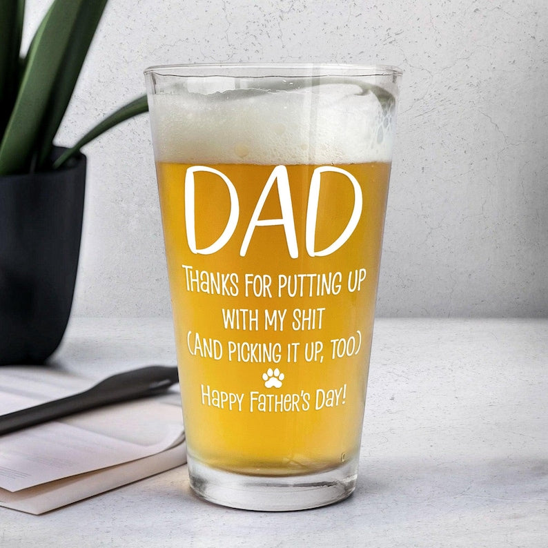 Thanks Dad We Woof You, Personalized Beer Glass, Father's Day Gift for Dad, Grandpa, Dog Lover Gift, Dog Dad Gift, Custom Dog Glass