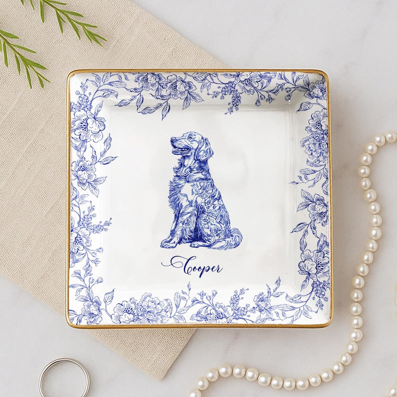 Dog Lover Gift Dog Breeds Chinoiserie Toile De Jouy Style, Personalized Jewelry Dish Gift for Pet Lover, Dog Dad Dog Mom Trinket Dish