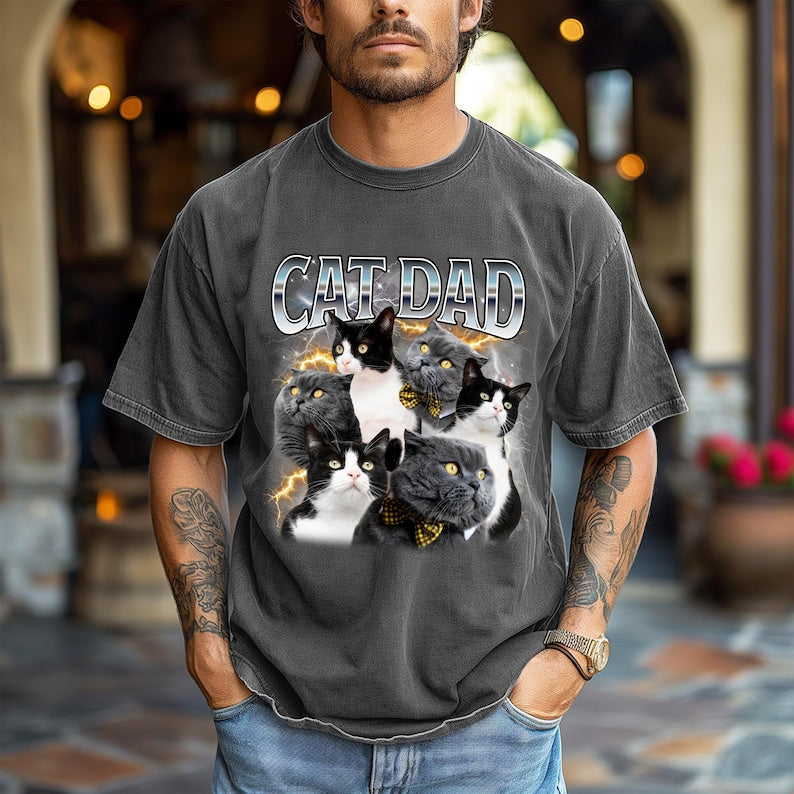 Custom Cat Dad Shirt - Personalized Photo Gift for Cat Lover, Cat Dad, or Pet Parent - Customizable Bootleg Pet Photo Tee