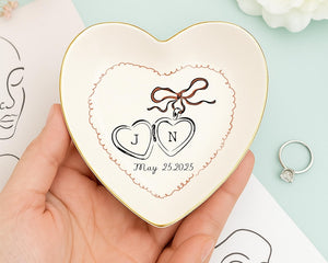 Personalized Heart Locket Ring Dish, Custom Initials & Date Ceramic Jewelry Tray,Wedding Gifts For Couples, Engagement Gift,Sentimental Gift