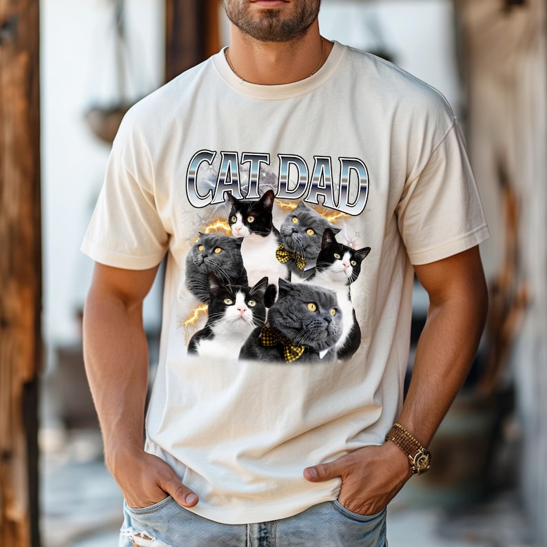 Custom Cat Dad Shirt - Personalized Photo Gift for Cat Lover, Cat Dad, or Pet Parent - Customizable Bootleg Pet Photo Tee