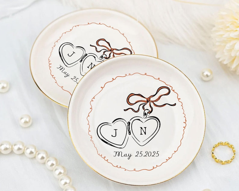 Personalized Heart Locket Ring Dish, Custom Initials & Date Ceramic Jewelry Tray,Wedding Gifts For Couples, Engagement Gift,Sentimental Gift