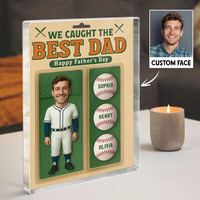 Personalized Baseball Dad Gift, We Caught The Best Dad 3D Acrylic Block, Custom Sports Figurine Plaque for Father's Day, Gift for Him