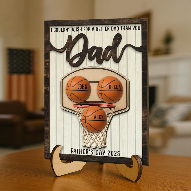 Personalized We Caught The Best Dad 2-Layered Wooden Plaque With Stand, Custom Kid's Name Basketball Sign, Father's Day Gifts, Gifts for Dad