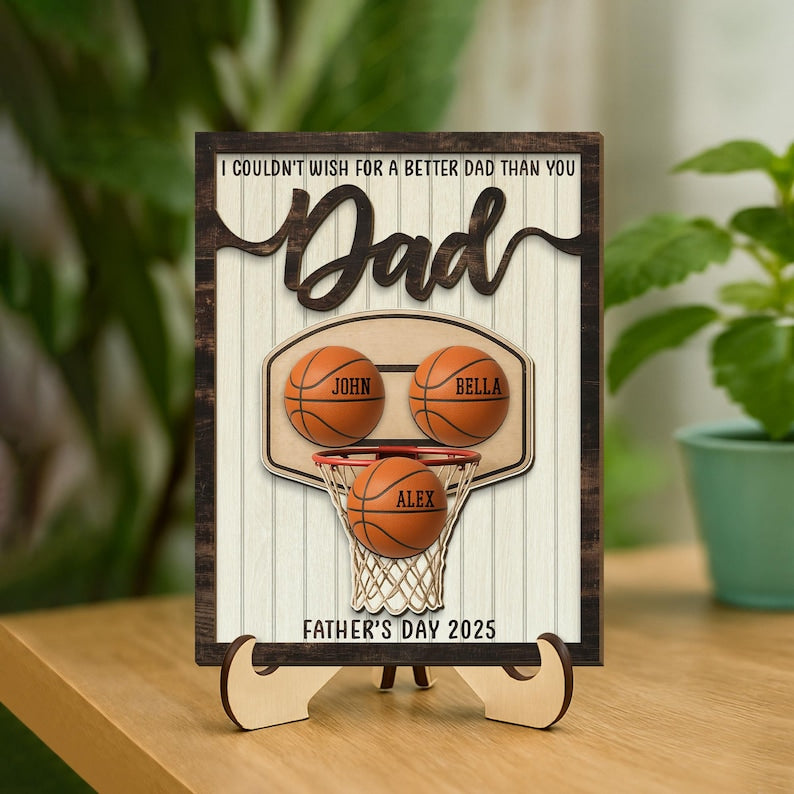 Personalized We Caught The Best Dad 2-Layered Wooden Plaque With Stand, Custom Kid's Name Basketball Sign, Father's Day Gifts, Gifts for Dad
