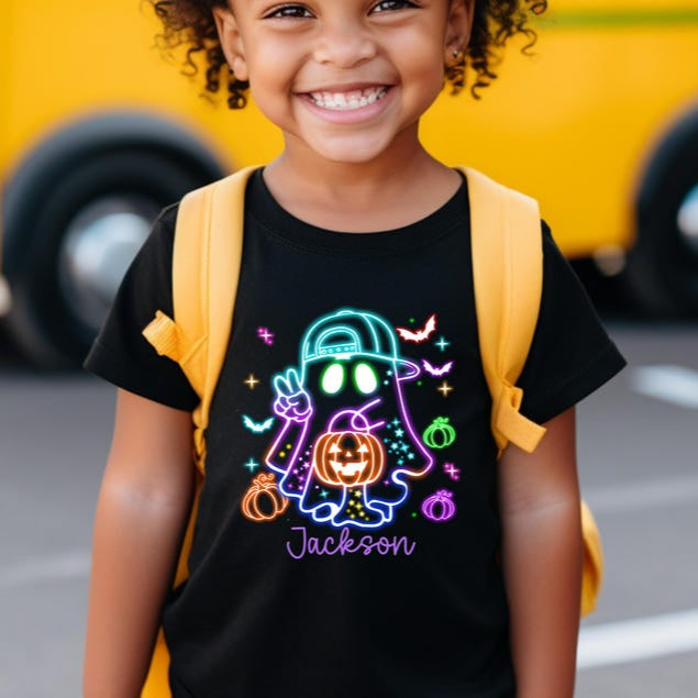 Custom Kids Halloween Neon Shirt,Cute Ghost T-Shirt,Neon Halloween Ghost Shirt,Girls Halloween Tee,Halloween Toddler Tee,Boys Halloween Tee