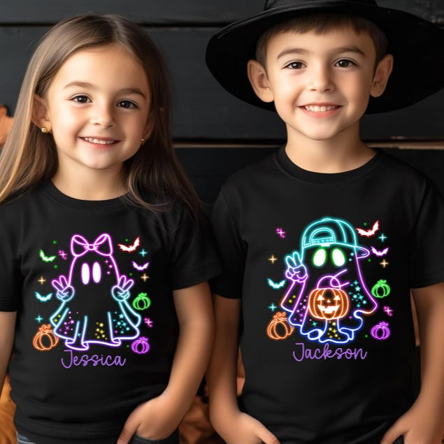 Custom Kids Halloween Neon Shirt,Cute Ghost T-Shirt,Neon Halloween Ghost Shirt,Girls Halloween Tee,Halloween Toddler Tee,Boys Halloween Tee
