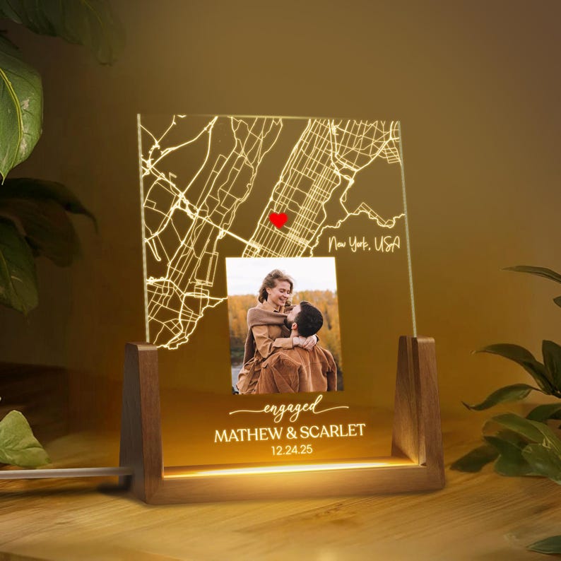 Personalized Map Print Night Light,Custom Led Light with Couple Photo and Map,Engagement Frame Table Lamp,Newly Engaged Gift,Gift for Couple