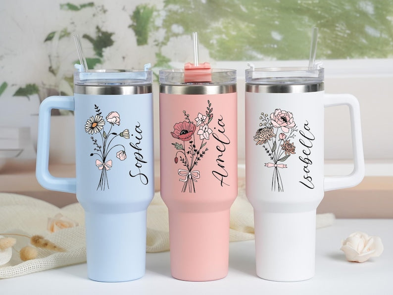 Personalized Birth Flower Tumbler: Stainless Steel with Straw