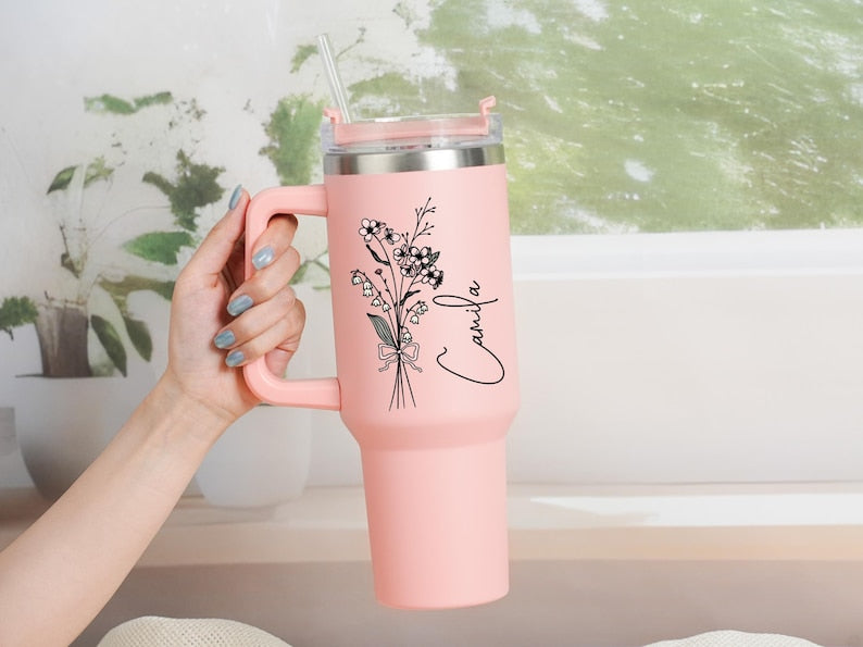 Personalized Birth Flower Tumbler: Stainless Steel with Straw