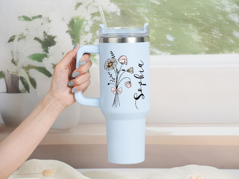 Personalized Birth Flower Tumbler: Stainless Steel with Straw