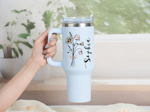 Personalized Birth Flower Tumbler: Stainless Steel with Straw