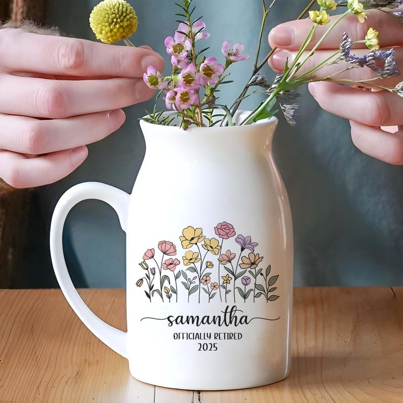 Personalized Retirement Ceramic Flower Vase, Custom Happy Retirement Gift, Appreciation Gift, Thank You Gift, Teacher Gift, Retired Gift