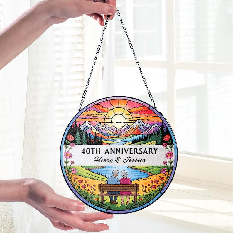 Personalized Couple Anniversary Stained Glass Suncatcher, Golden Anniversary Suncatcher, Anniversary Gift For Parents, Parents Keepsake