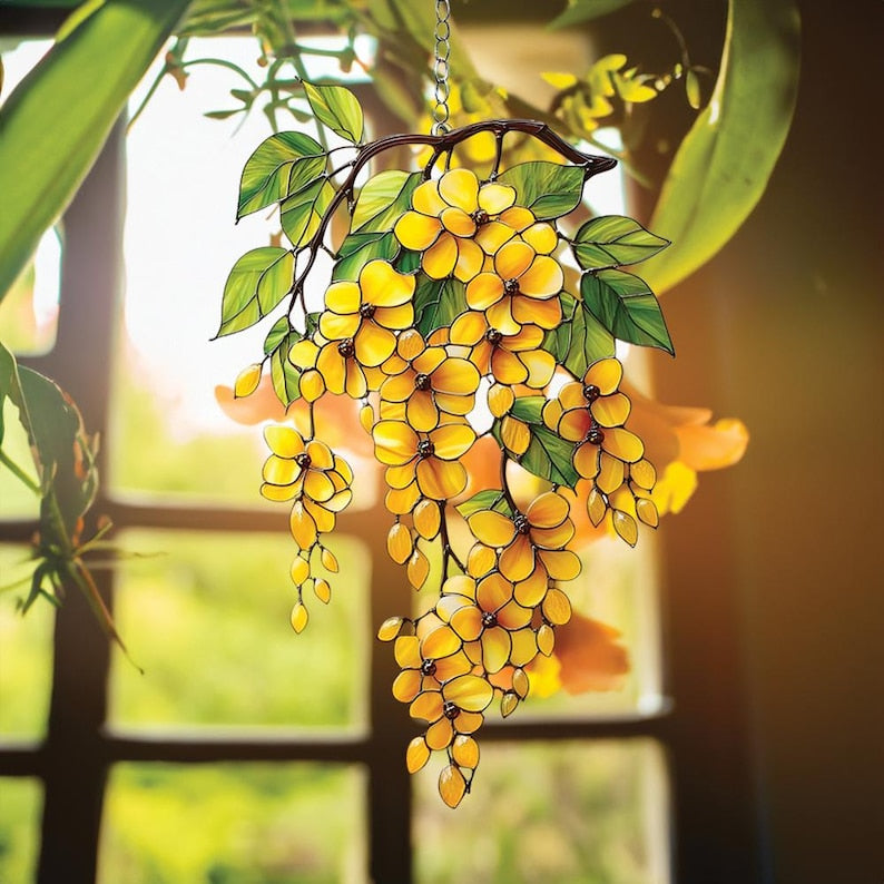 Cascading Yellow Flower Acrylic Suncatcher Faux Stained Glass Window Hanging with Green Leaves, Sunny Garden Decor for Floral Lovers