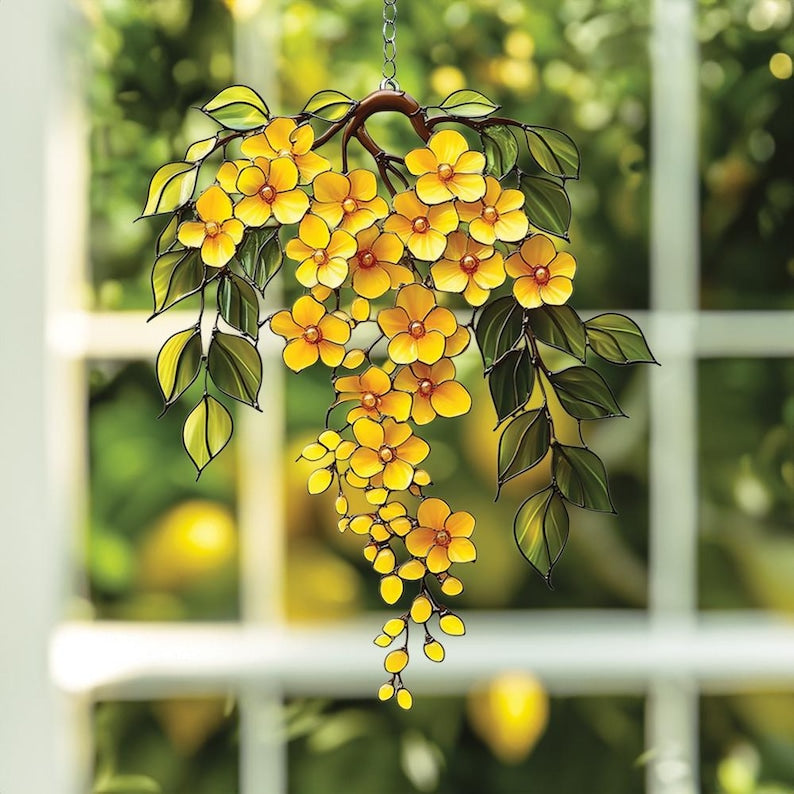 Cascading Yellow Flower Acrylic Suncatcher Faux Stained Glass Window Hanging with Green Leaves, Sunny Garden Decor for Floral Lovers