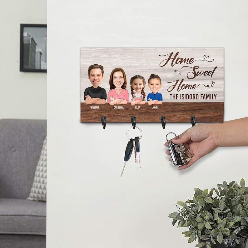 Home Sweet Home Key Holder for Wall, Custom Key Rack, Personalized Gifts for Couples, Family Name Sign, Rustic Welcome Sign, Key Hooks