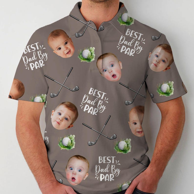 Best Dad By Par Polo Shirt With Custom Kid Face Photo Portrait, Father's Day Gift, Custom Golf Lovers Short Sleeve Shirt, Dad Birthday Gifts