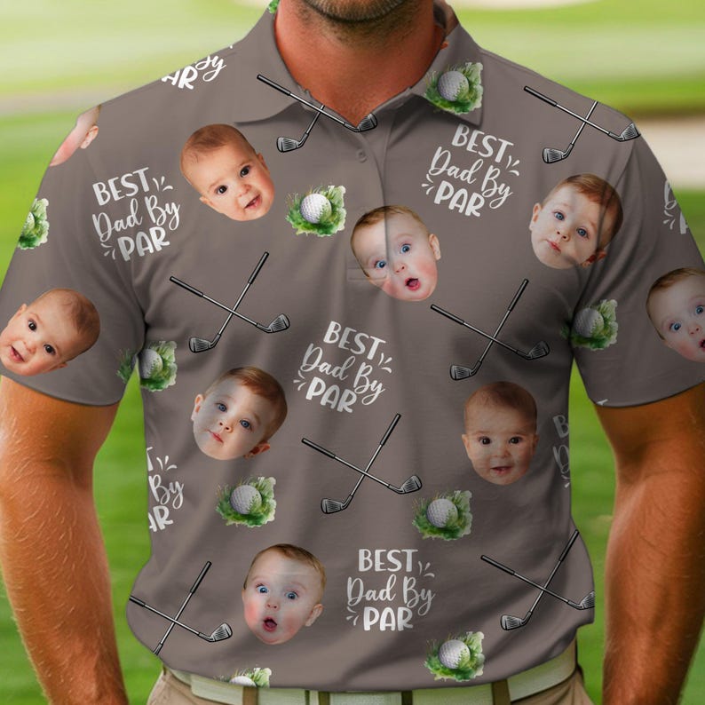 Best Dad By Par Polo Shirt With Custom Kid Face Photo Portrait, Father's Day Gift, Custom Golf Lovers Short Sleeve Shirt, Dad Birthday Gifts