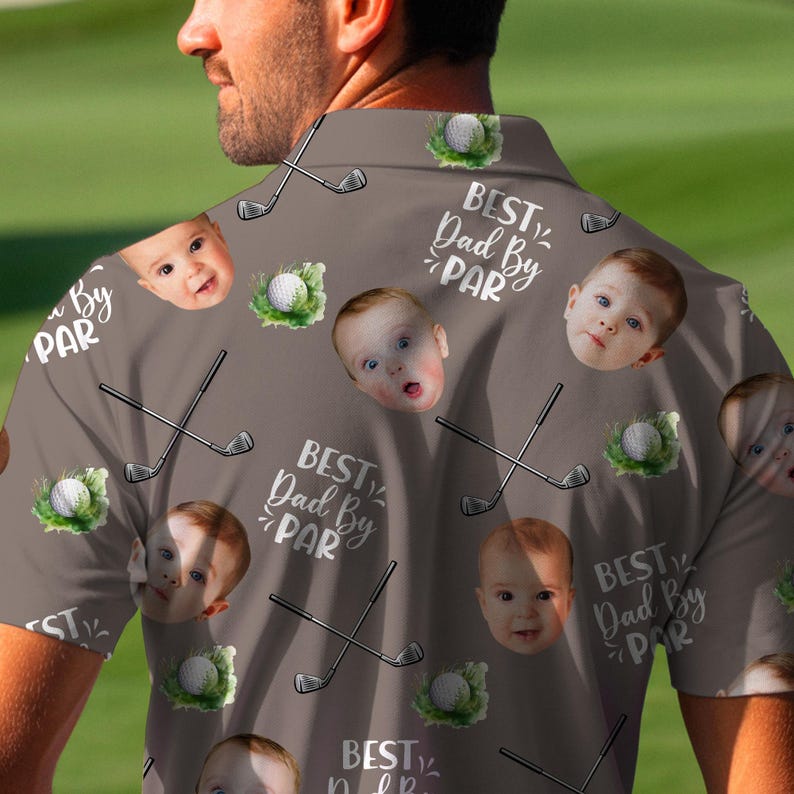 Best Dad By Par Polo Shirt With Custom Kid Face Photo Portrait, Father's Day Gift, Custom Golf Lovers Short Sleeve Shirt, Dad Birthday Gifts
