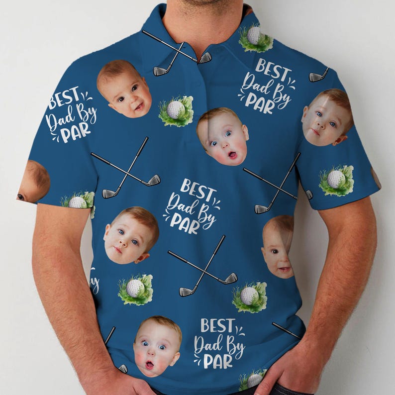 Best Dad By Par Polo Shirt With Custom Kid Face Photo Portrait, Father's Day Gift, Custom Golf Lovers Short Sleeve Shirt, Dad Birthday Gifts