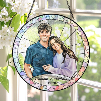 Stained Glass Custom Photo Suncatcher Couple Gift, Wedding Anniversary, Couple Potrait Window Decor Gift For Husband Wife, Grandparents Gift