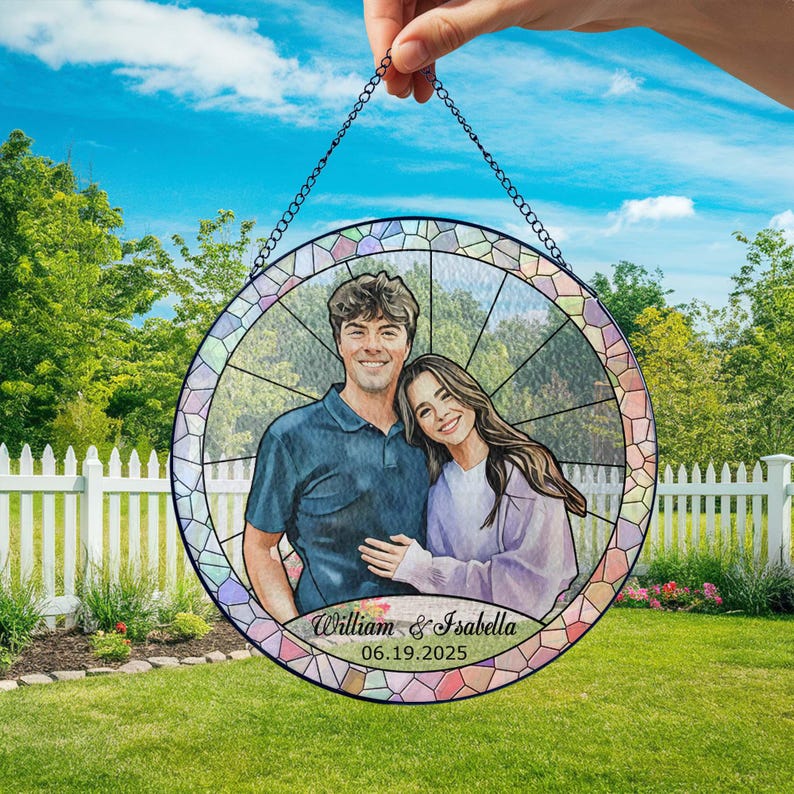 Stained Glass Custom Photo Suncatcher Couple Gift, Wedding Anniversary, Couple Potrait Window Decor Gift For Husband Wife, Grandparents Gift