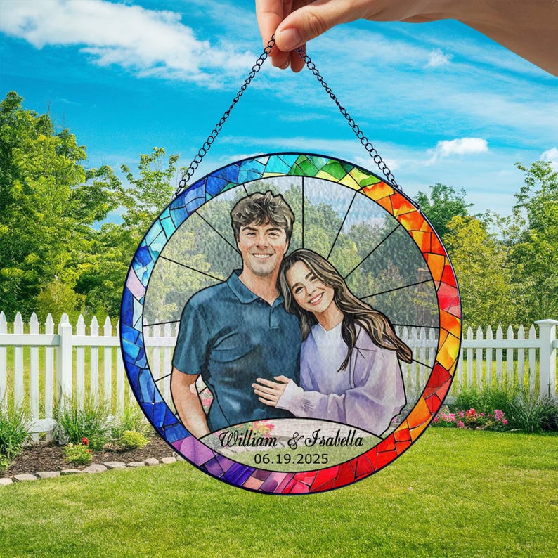 Stained Glass Custom Photo Suncatcher Couple Gift, Wedding Anniversary, Couple Potrait Window Decor Gift For Husband Wife, Grandparents Gift