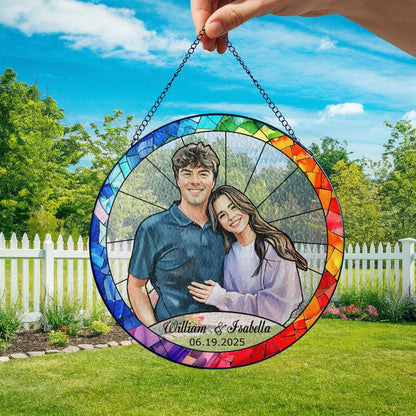 Stained Glass Custom Photo Suncatcher Couple Gift, Wedding Anniversary, Couple Potrait Window Decor Gift For Husband Wife, Grandparents Gift