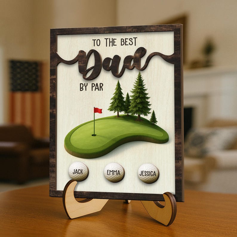 Personalized Best Dad By Par 2-Layered Wooden Plaque With Stand, Custom Kid's Name, Fathers Day Gift For Golfer, Gift for Dad, Golf Dad Gift