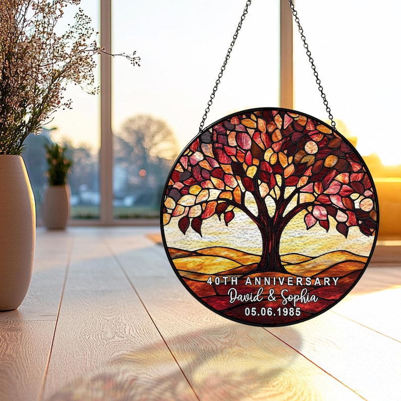 Personalized 40th Wedding Anniversary Stained Glass Suncatcher, Ruby 40th Wedding Anniversary Gift, 40th Wedding Anniversary Keepsake