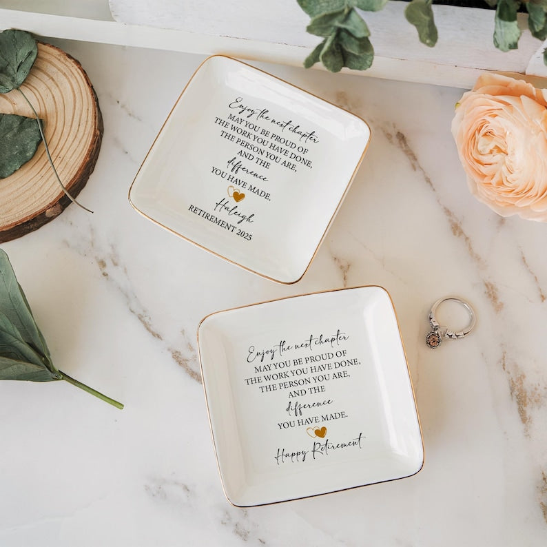 Custom Happy Retirement Ring Dish, Personalized Retirement Trinket, Happy Retirement Gift, Custom Coworker Ring Dish, Gift for Coworker