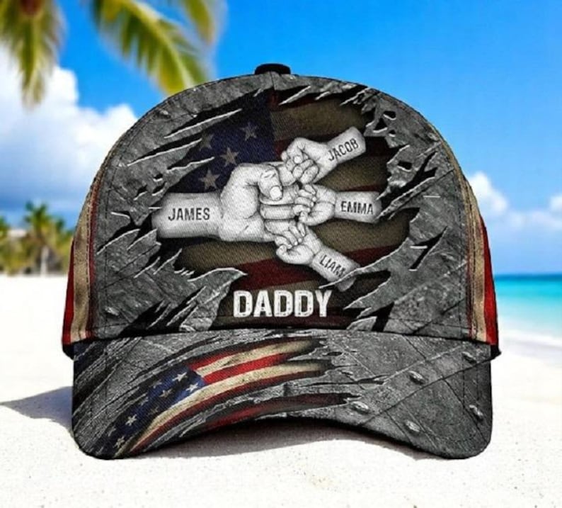 Fist Bump Daddy Grandpa, Personalized America Classic Cap, Dad And Kid Name Cap, Father's Day Gift for Grandpa, for Dad, Hat For Husband