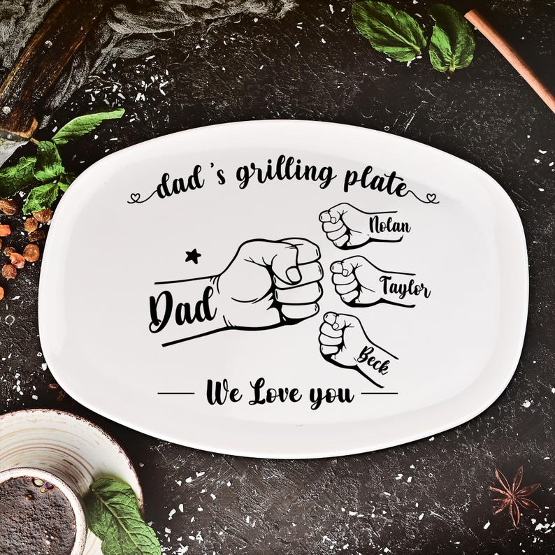 Personalized Grilling Platter,Fist Bump Dad and Kids Name Grilling Plate,Custom BBQ Grilling Plate Gift for Him,Birthday Gifts from Daughter