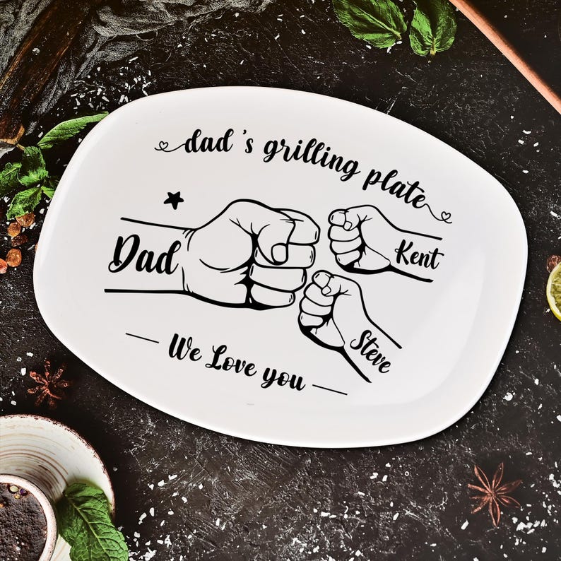 Personalized Grilling Platter,Fist Bump Dad and Kids Name Grilling Plate,Custom BBQ Grilling Plate Gift for Him,Birthday Gifts from Daughter