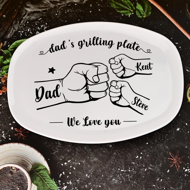 Personalized Grilling Platter,Fist Bump Dad and Kids Name Grilling Plate,Custom BBQ Grilling Plate Gift for Him,Birthday Gifts from Daughter